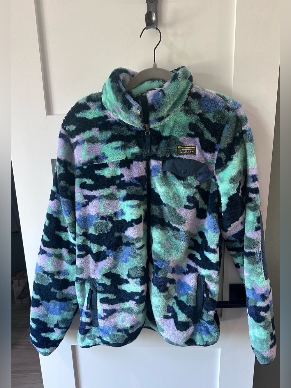 LL Bean Hi-Pile Fleece Jacket Womens Large Blue Green Purple Camo Full Zip Cozy